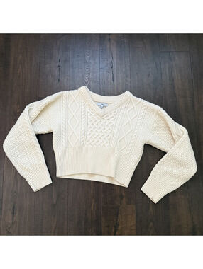 Cutie Cable Knit Cream Sweater J ING Crop Sz S/M Korean Brand Wool Blend